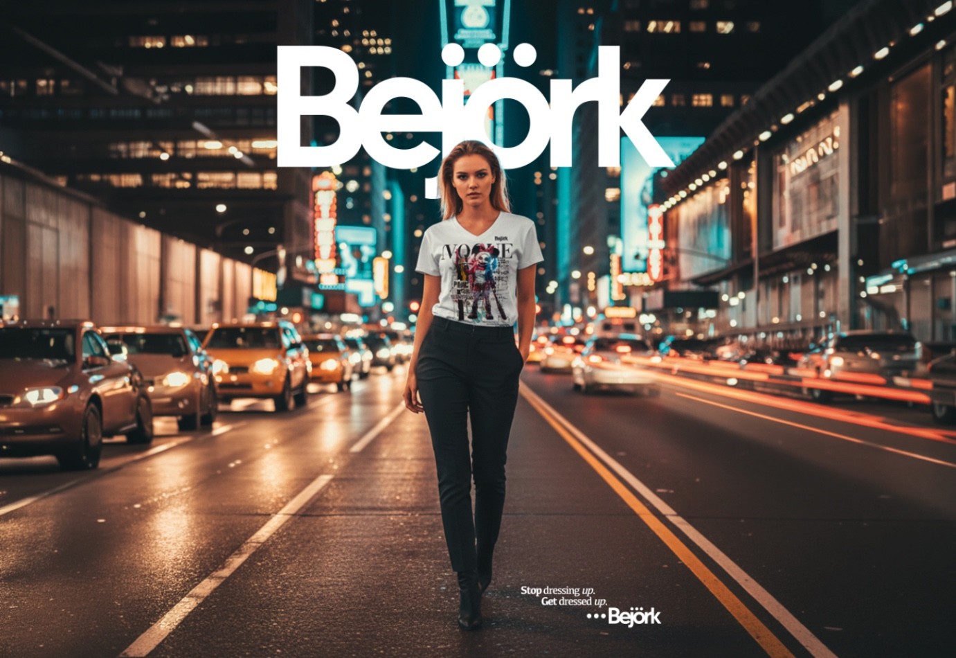 Modelo con camiseta Bejörk en una composición editorial minimalista